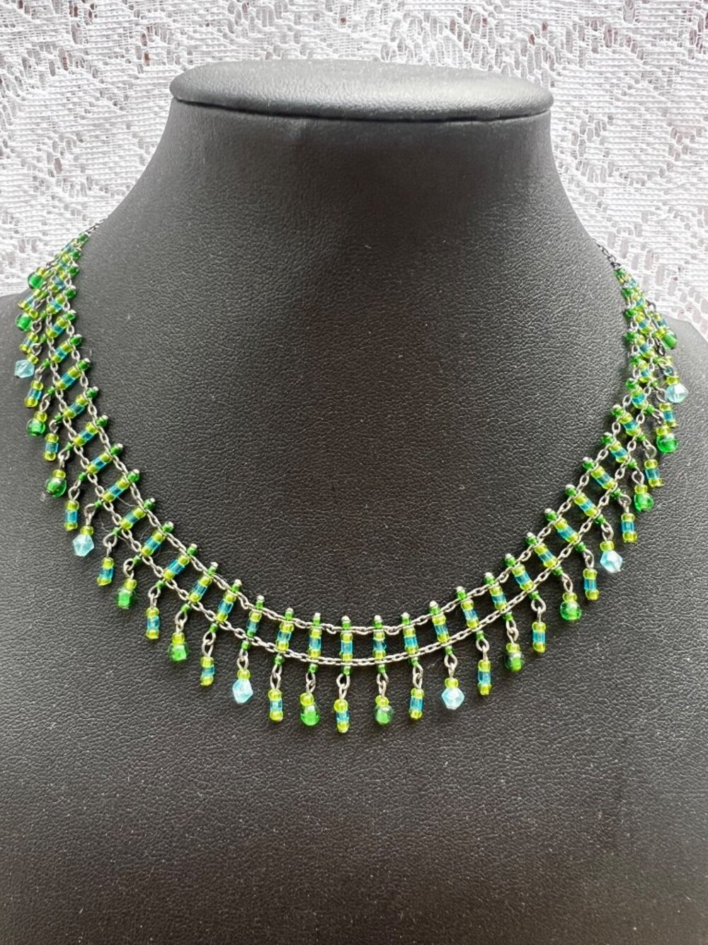 Handcrafted Green & Blue Beaded Bib Necklace With Silver Chain & Adjustable Boho